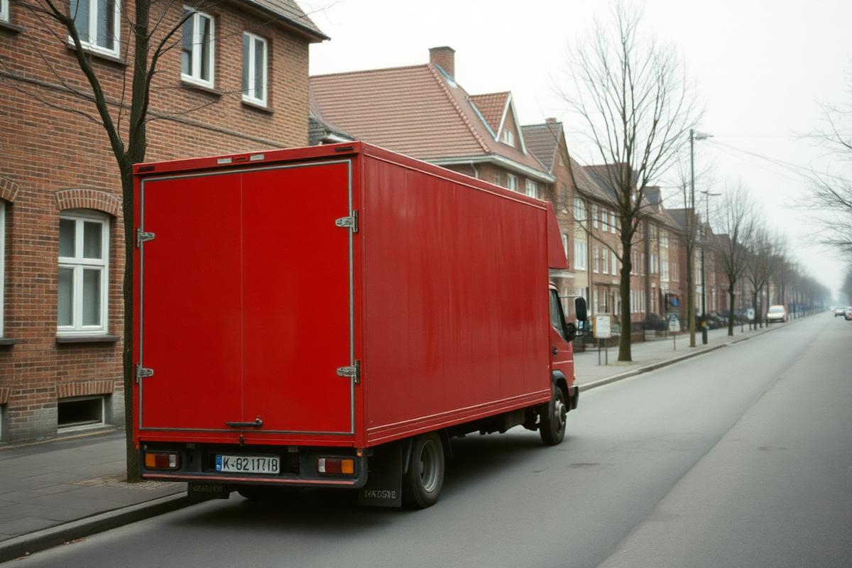 Roter Möbelwagen am Straßenrand vor Backsteinhäusern in einer Wohnstraße