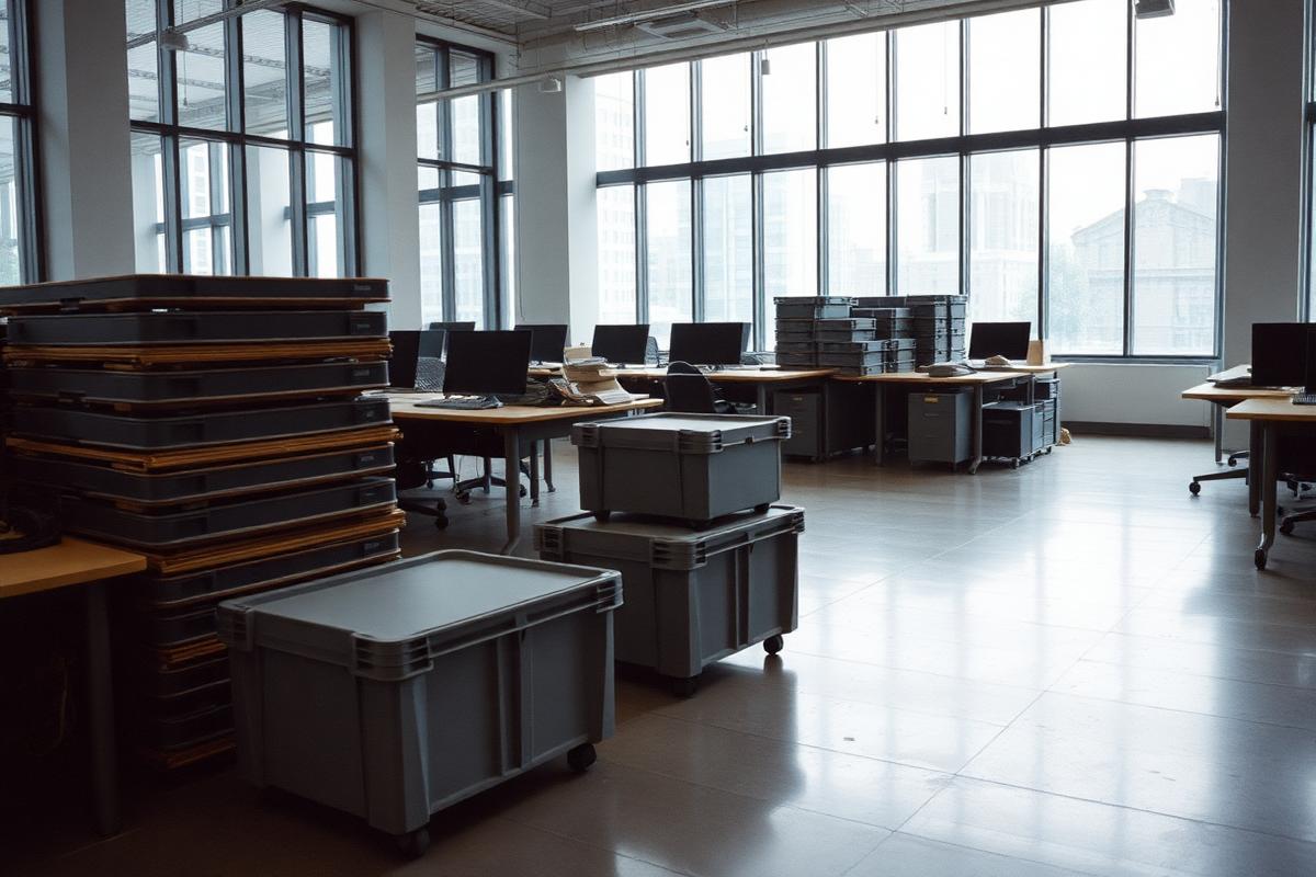 Geräumte Bürofläche mit gestapelten Umzugsboxen und abgebauten Schreibtischen