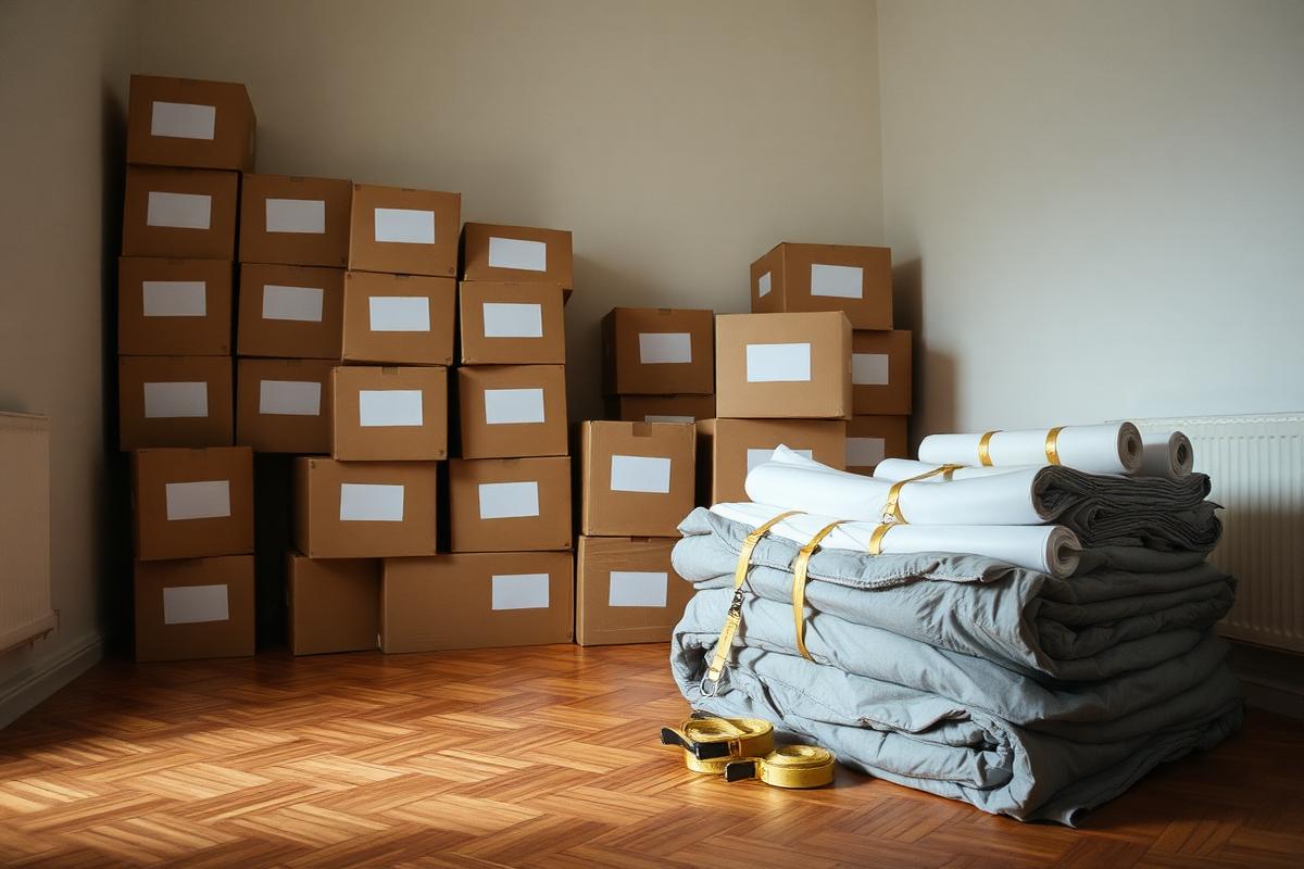 Gestapelte Umzugskartons, Packpapierrollen, Möbeldecken und Spanngurte in einer leeren Wohnung