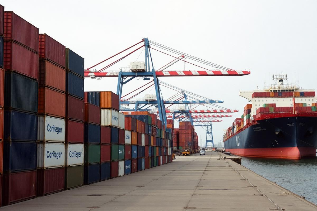 Gestapelte Seecontainer und Containerbrücken an einem Hafenterminal
